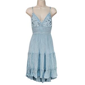 Papaya Blue Crochet Bodice Tiered Ruffle Backless Dress Size Large